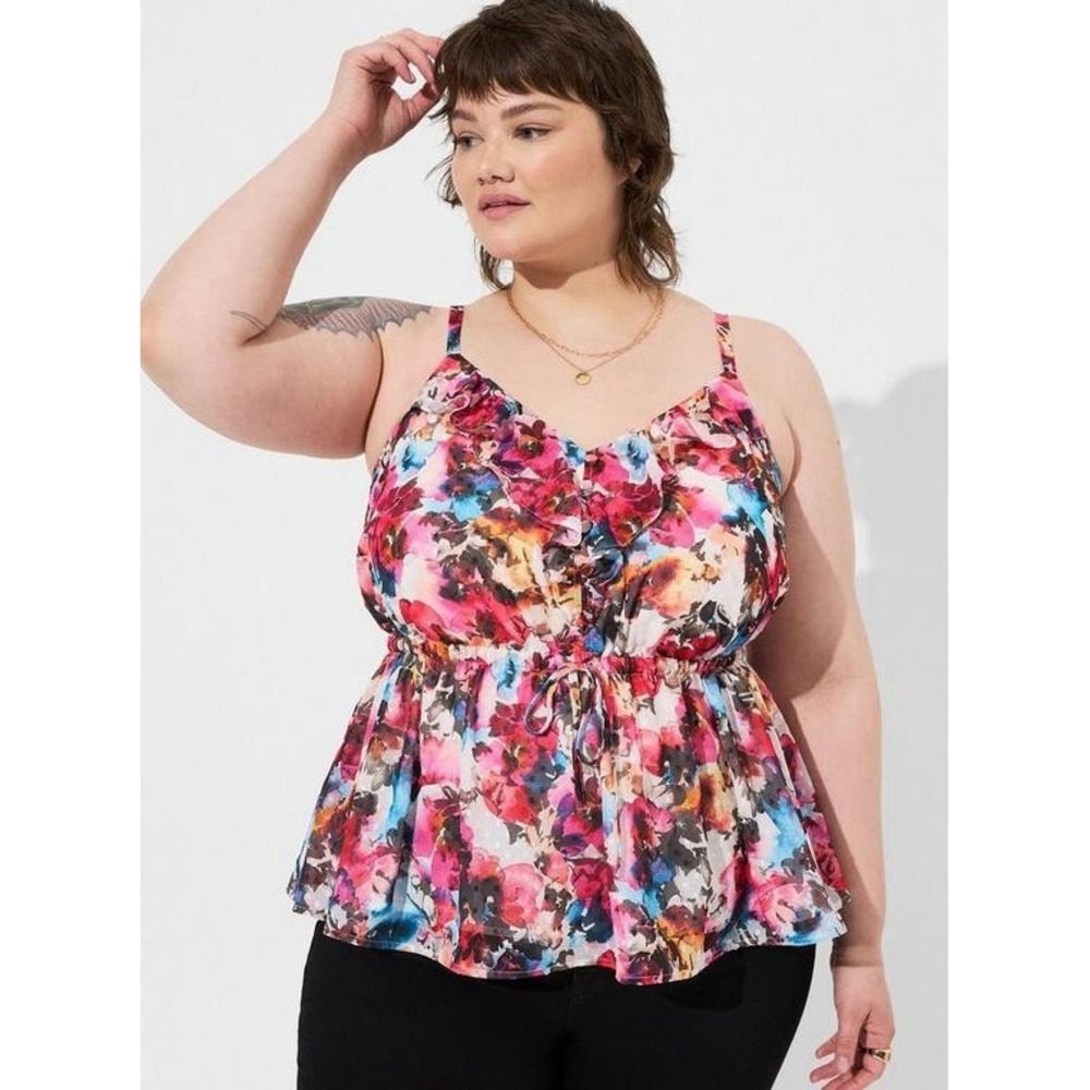Torrid Chiffon Clip Dot Ruffle Tie Waist Tank Plus Size 3 Sleeveless Floral Cami